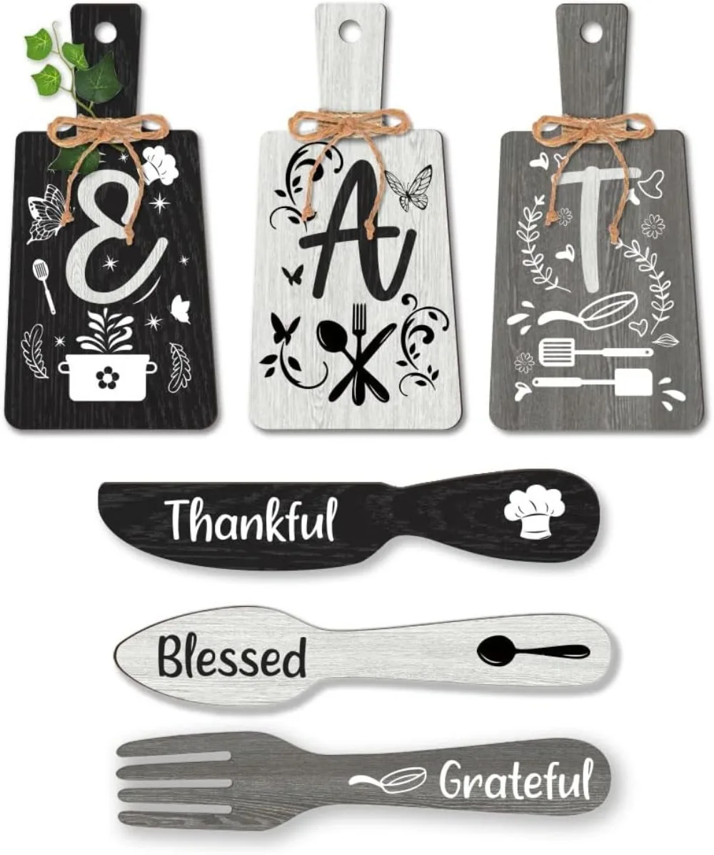 6pcs Kitchen Wall Decor Eat Sign Set Black and White Accessories Wooden Pendant Decorations Mini Wood Plaque fork And Spoon