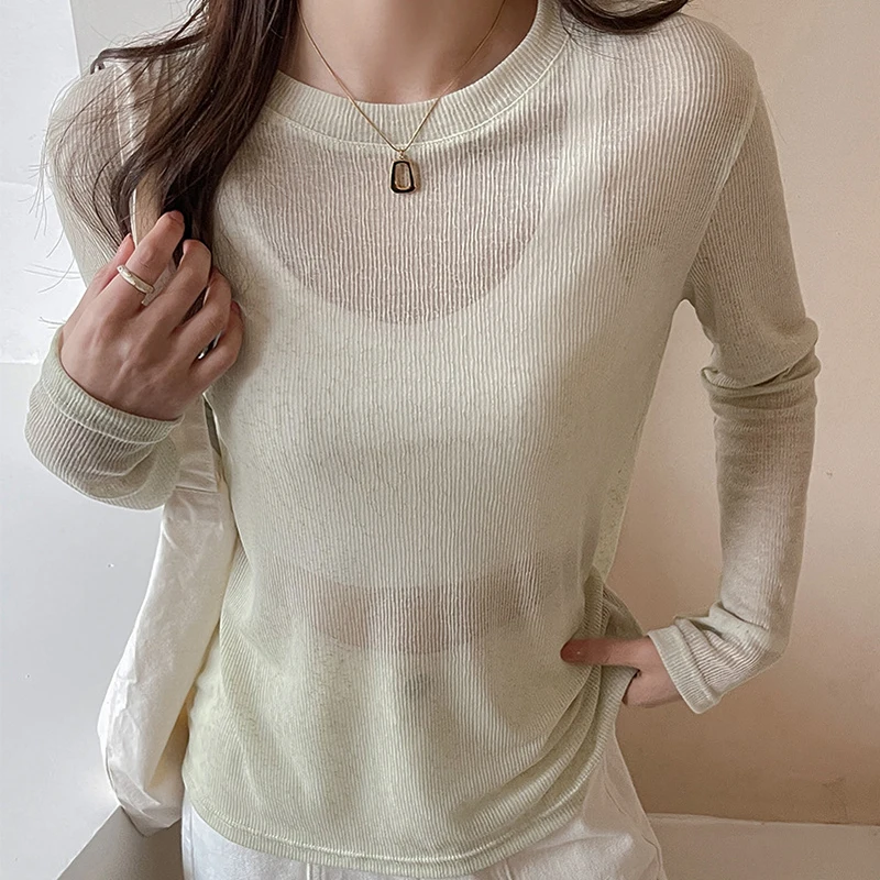 Summer Round Neck Sunscreen Tshirts Women Chic Streetwear Solid Color Loose Long Sleeve T Shirt Woman Thin See Through Pullovers