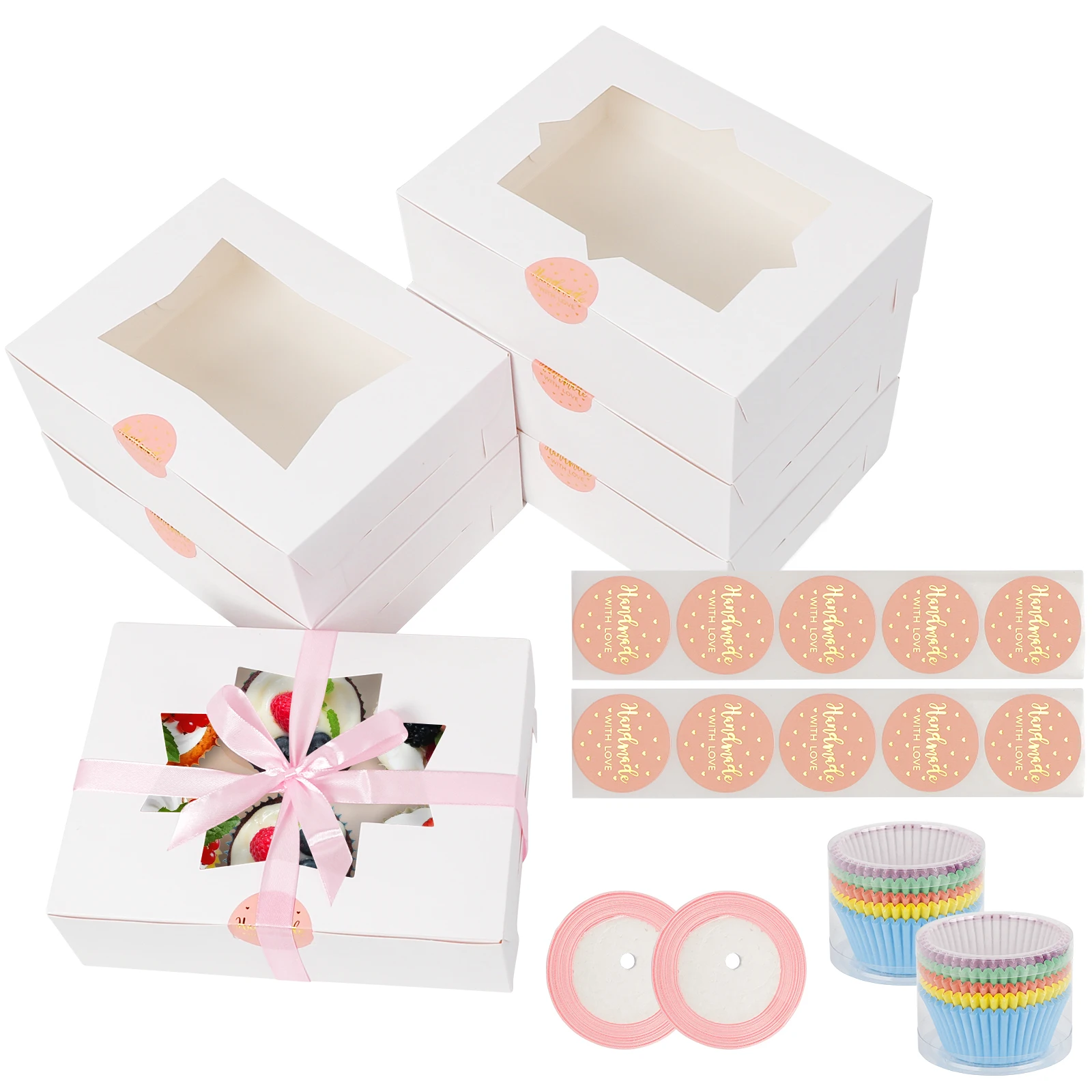 OurWarm 30pcs Cookie Boxes with Window 8 inch Pastry Bakery Boxes with Stickers Treat Boxes for Cardboard Cake Muffin Candy Box