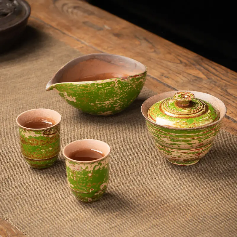 

Creative retro Chinese natural handmade Kung Fu tea set thick cover bowl small set