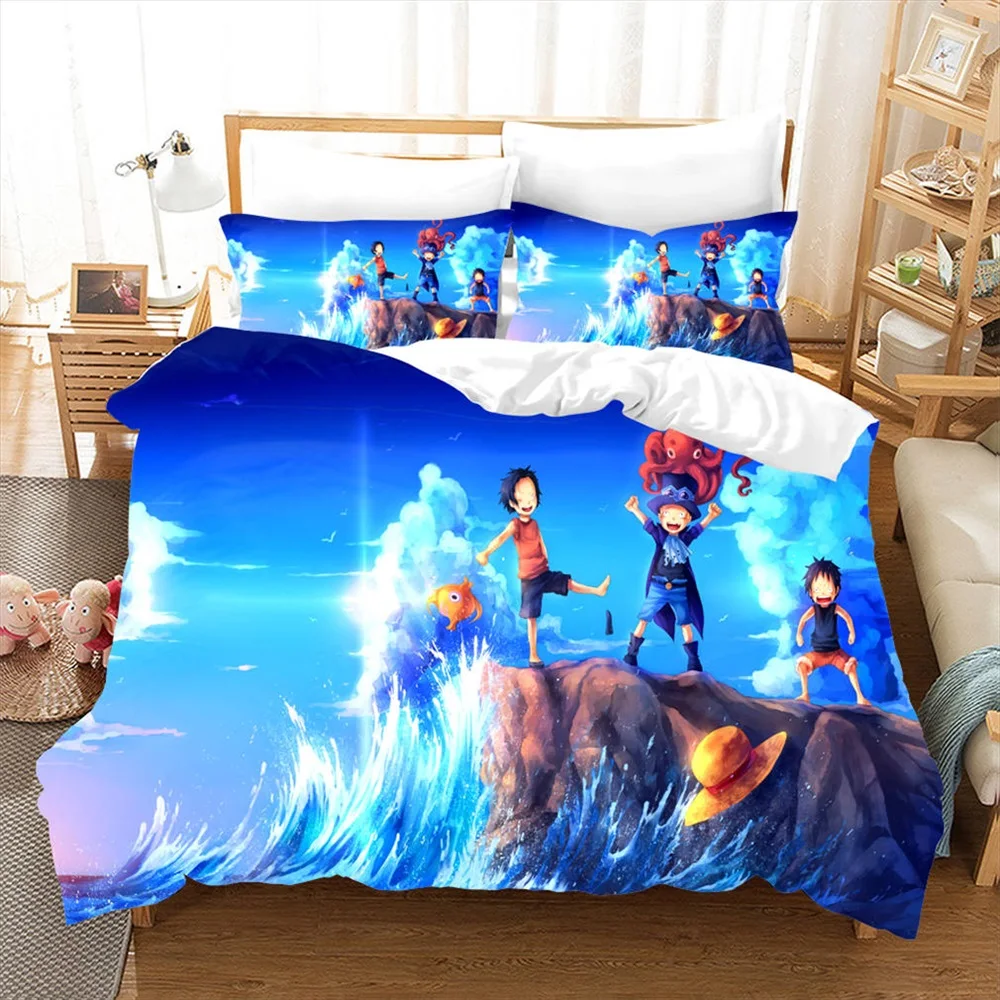 One Piece Anime Kids Bedroom Duvet Cover Set Monkey D Luffy Print Hand Draw Bed Linen Set 3 Piece Single Double Bed Cover