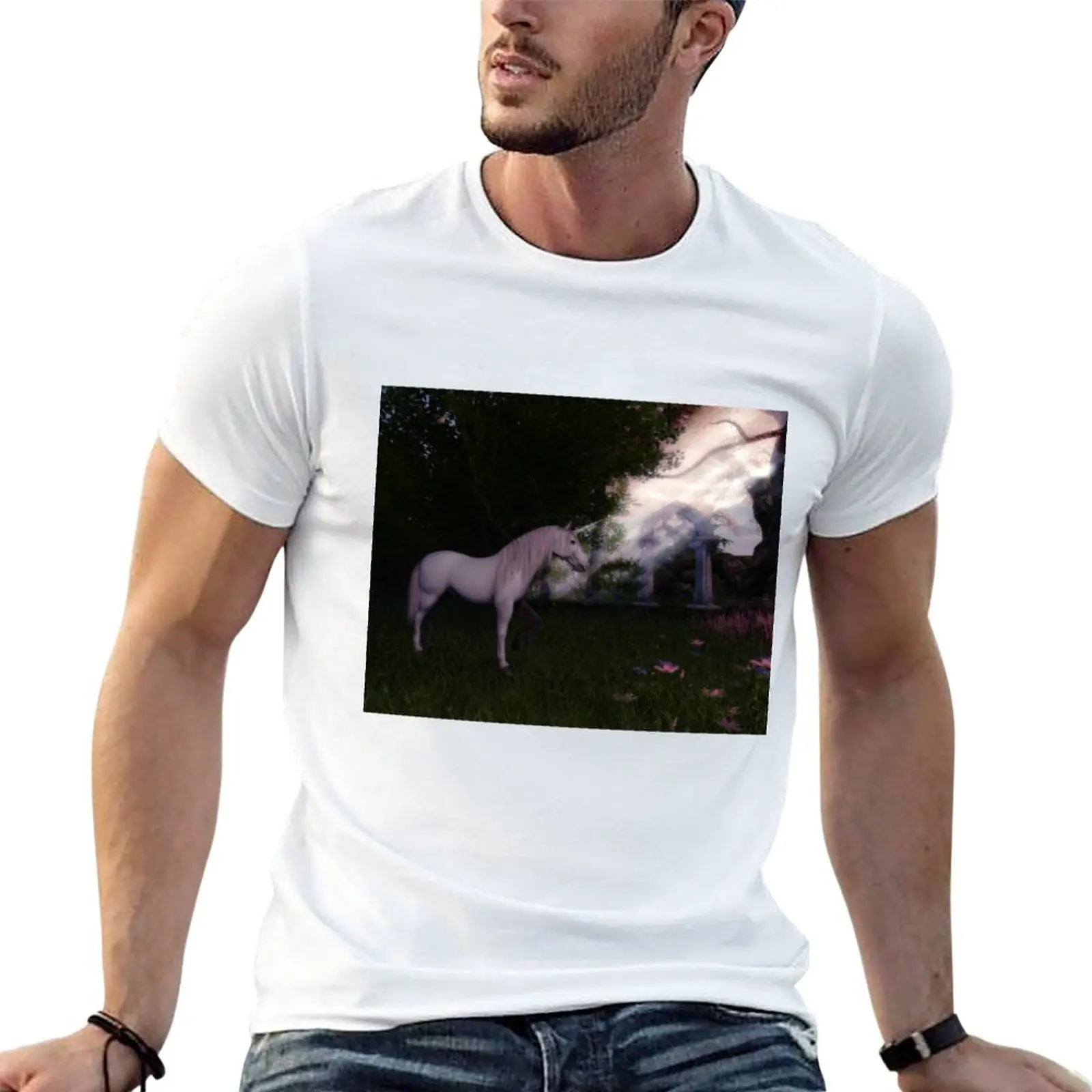 Unicorn in the Garden T-Shirt kawaii clothes oversizeds blacks summer clothes men clothing