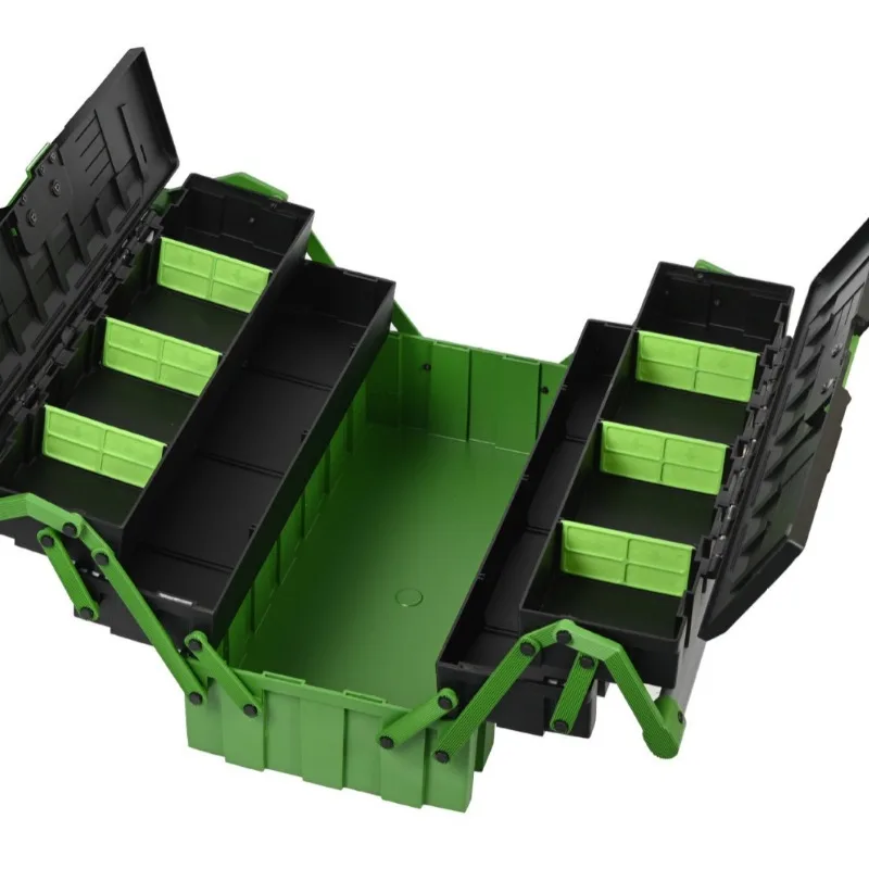 

Hot-selling portable plastic ABS pp safety protection multi-function foldable cantilever three tipping bucket toolbox