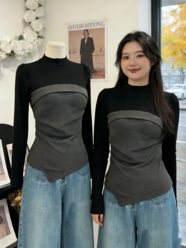 

plus Size Asymmetrical Color Blo Long Sve T-irt Women's Faion 2026 New Sle Slimming High-End Feelings oulder-Len...