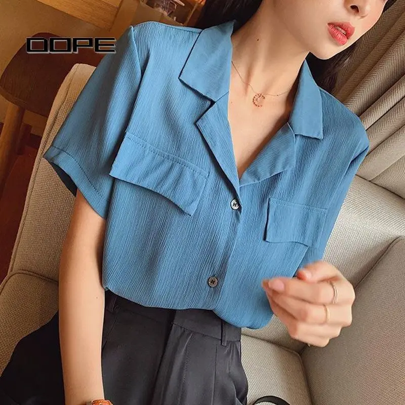 

Women Summer Vintage Loose Tailored Collar Solid Color Short Sleeve Shirts Ladies Simplicity Office Lady All-match Trend Tops