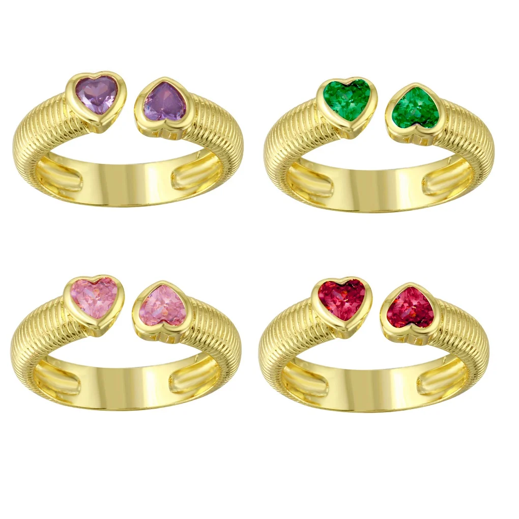 2023 Valentine's Day Fashion Gift Jewelry Gold Plated Pink Red Purple Green Heart Shaped CZ Open Finger Ring