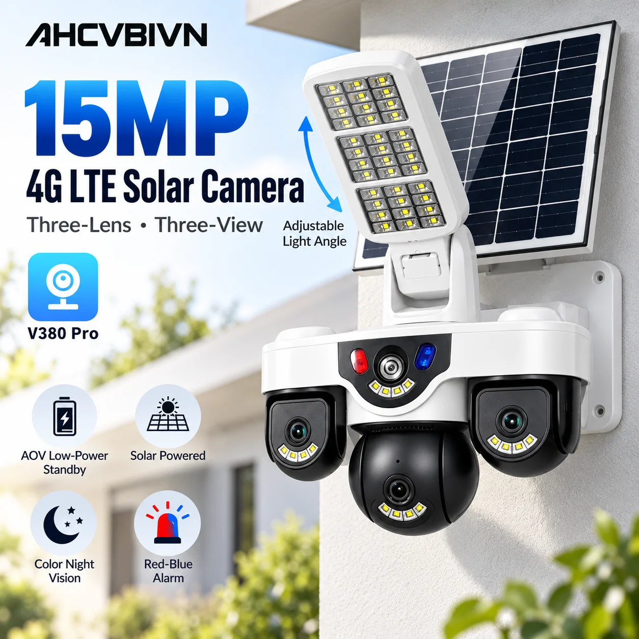 V380 Pro15MP AOV Solar Security Camera 3Screen 10X Zoom with Solar Lighting 4G SIM Card Supported Human Detection Outdoor Camera