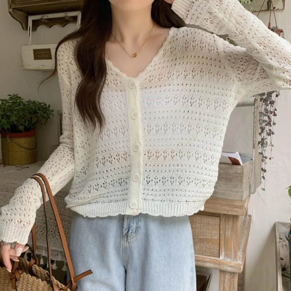 

New Hollow Out Knitted Cardigan Thin V-Neck Sun-Proof Tops Long Sleeve Casual Outwear Women