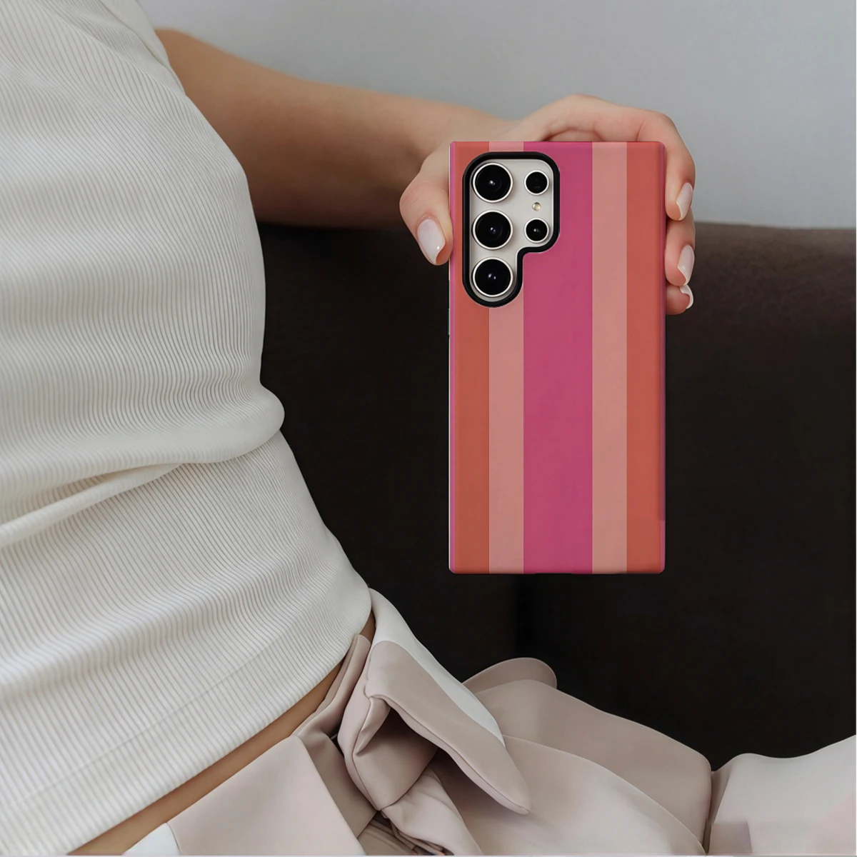 Pink Coral Multi Stripes Phone Case For Samsung Galaxy S26 S25 Ultra S24 S23 Plus Hard Shock‑Absorption 2-in-1Protective Cover