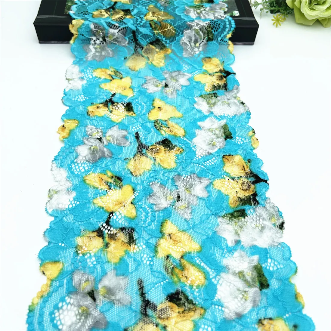 3y/lot Width18cm Blue Yellow Fower Elastic Stretch Lace Trim For Clothing Accessories Dress Sewing Applique Costume Lace Fabrics