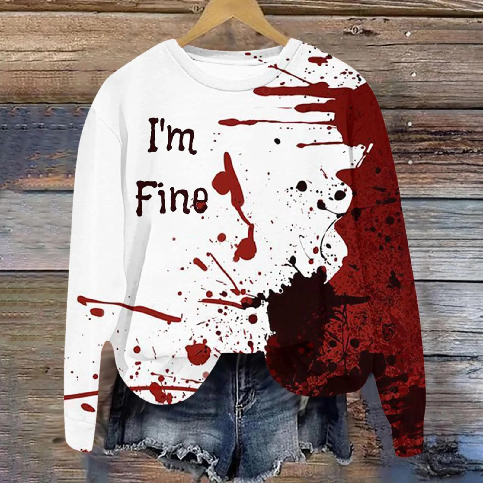 Women'S Halloween Hoodie I'M Fine Fun Blood Stained Letter Printed Hoodie Casual Thin Pullover Fashion Trend Individual Hoodies