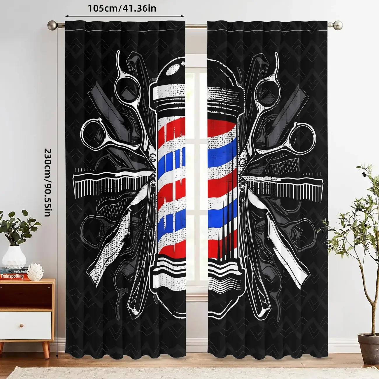 Barbers-style scissors combs with striped rods and American flag pattern printed curtains, home decorations, room decorations