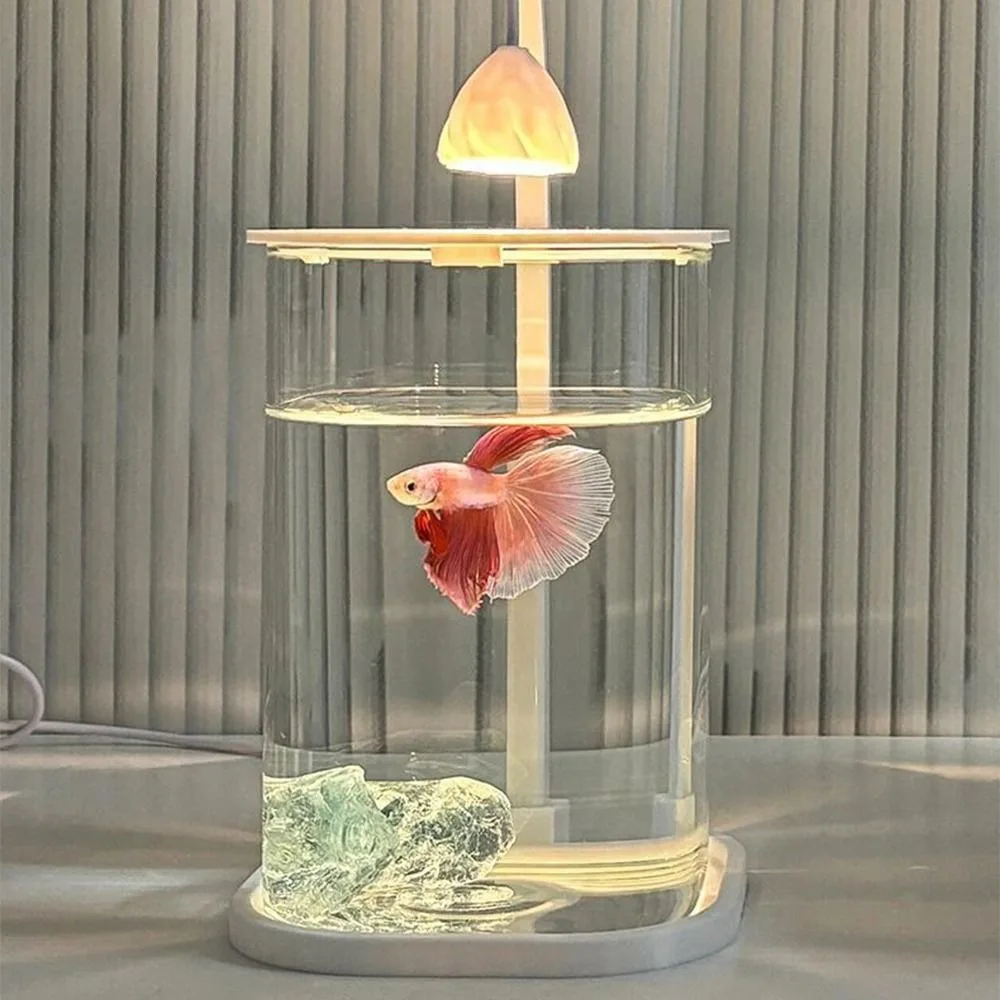 High Transparency Acrylic Landscape Fish Tank LED Light Shatterproof Mini Desktop Fish Tank with Lid Fishbowl