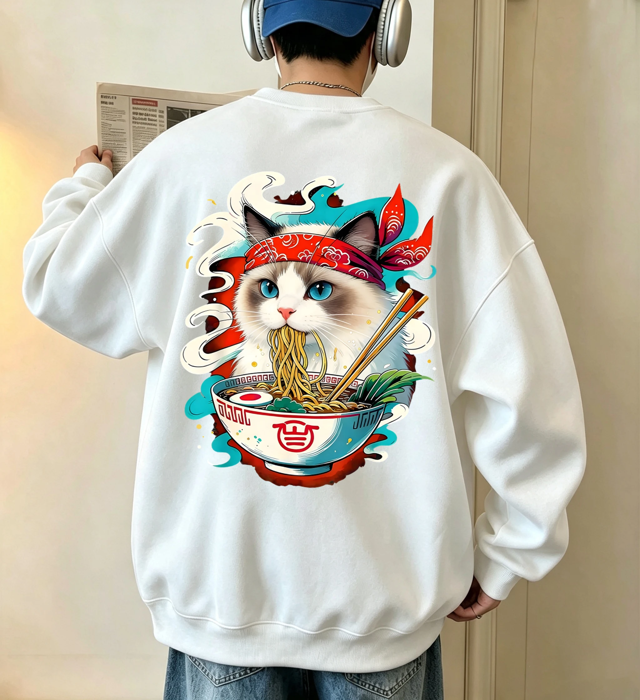 Katze kämpft mit Lamian-Nudeln bedruckter Herren-Fleece-Pullover, Vintage, lässig, langärmelig, Unisex, locker geschnittenes Basic-Sweatshirt – Detail 9