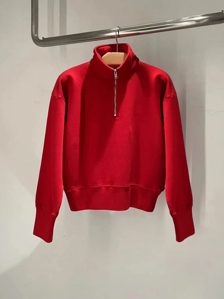 

Red f-Zip Long Sve Hoodie Women's Casual All-Match Loose Fit Cotton Commute Sle Korean Version Stand Collar Sweatirt