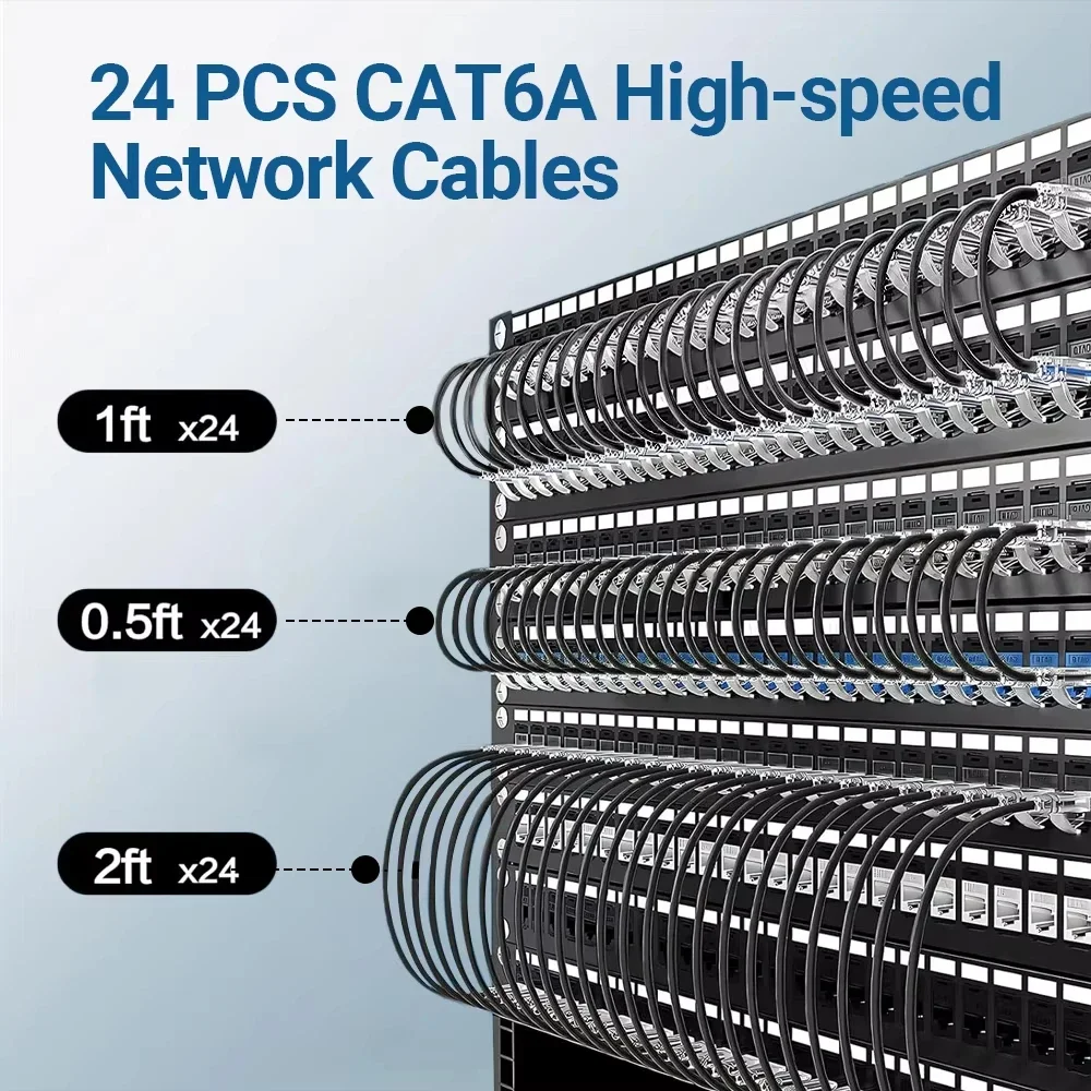 24Pack Cat6a Ethernet Patch Cable 0.1/0.15/0.2/0.3/0.5M Slim UTP 0.5/1/2FT 10G 28AWG POE LAN Cable for CAT6/6A Patch Panel