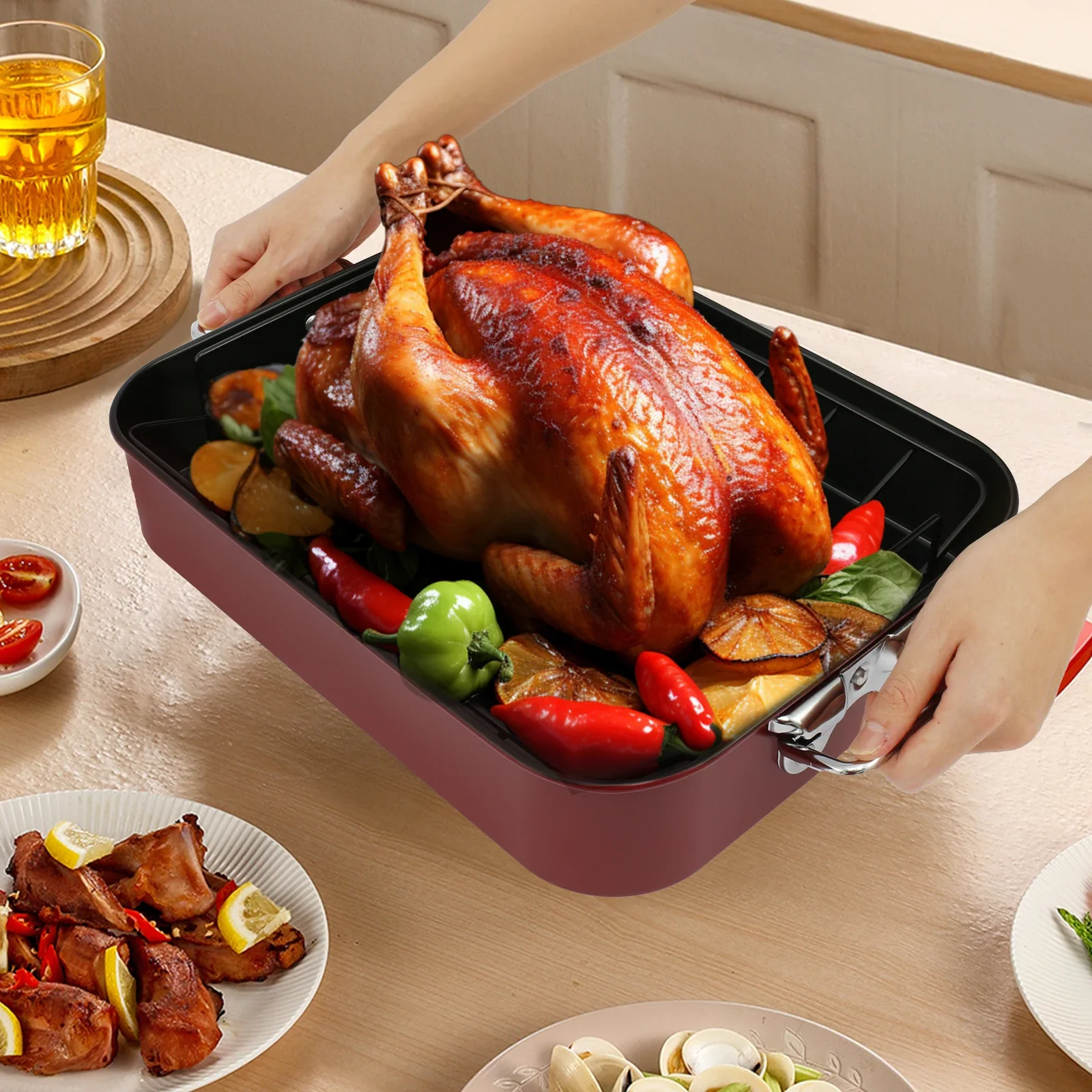 

Turkey Roaster Pan with Removable Rack Non-stick Carbon Steel Roaster Pan Heat Resistant Oven Accessories Household Kitchen Tool