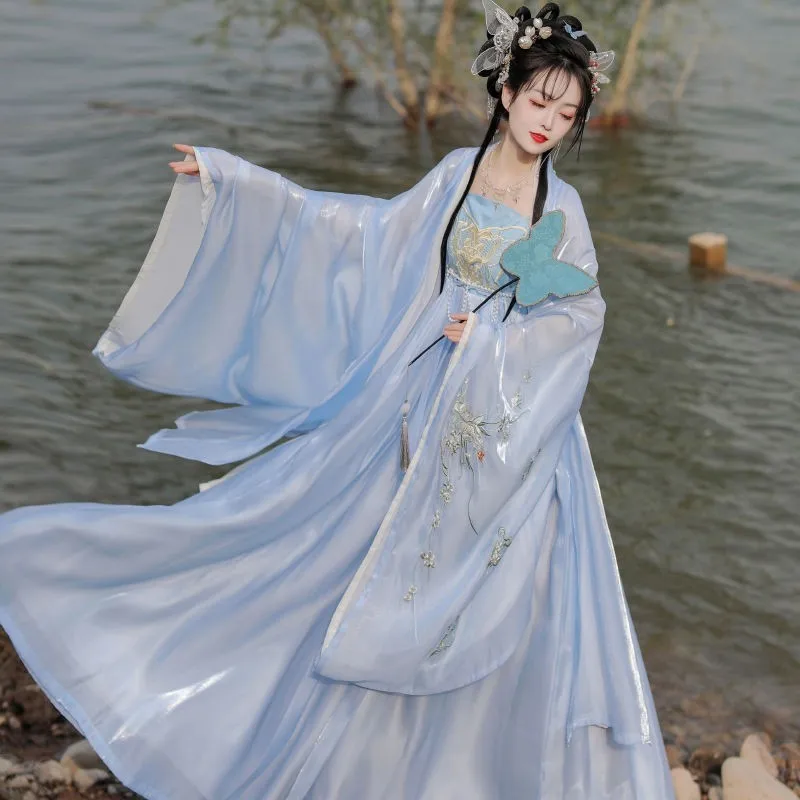 

Women's Han Chinese Clothing Cheko Dress Ancient Costume Green Fairy Skirt with Wide Sleeves Embroidered Double-Layer Chest