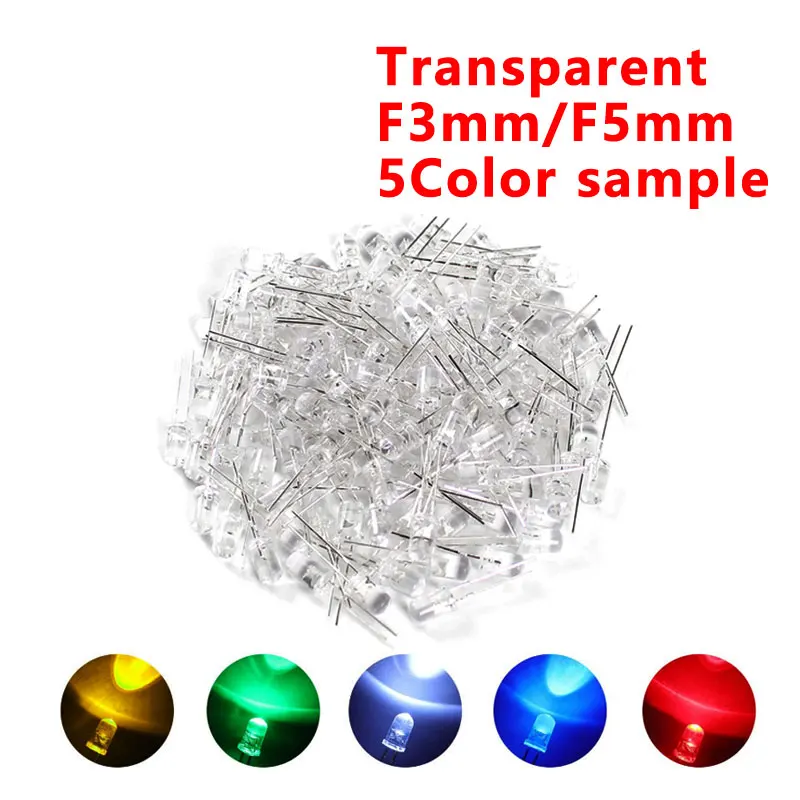 250pcs 3mm 5mm F3 F5 Round LED Light Emitting Diode Ultra Bright White Green Yellow Blue White Red Each 50pcs Sample Diy Kit