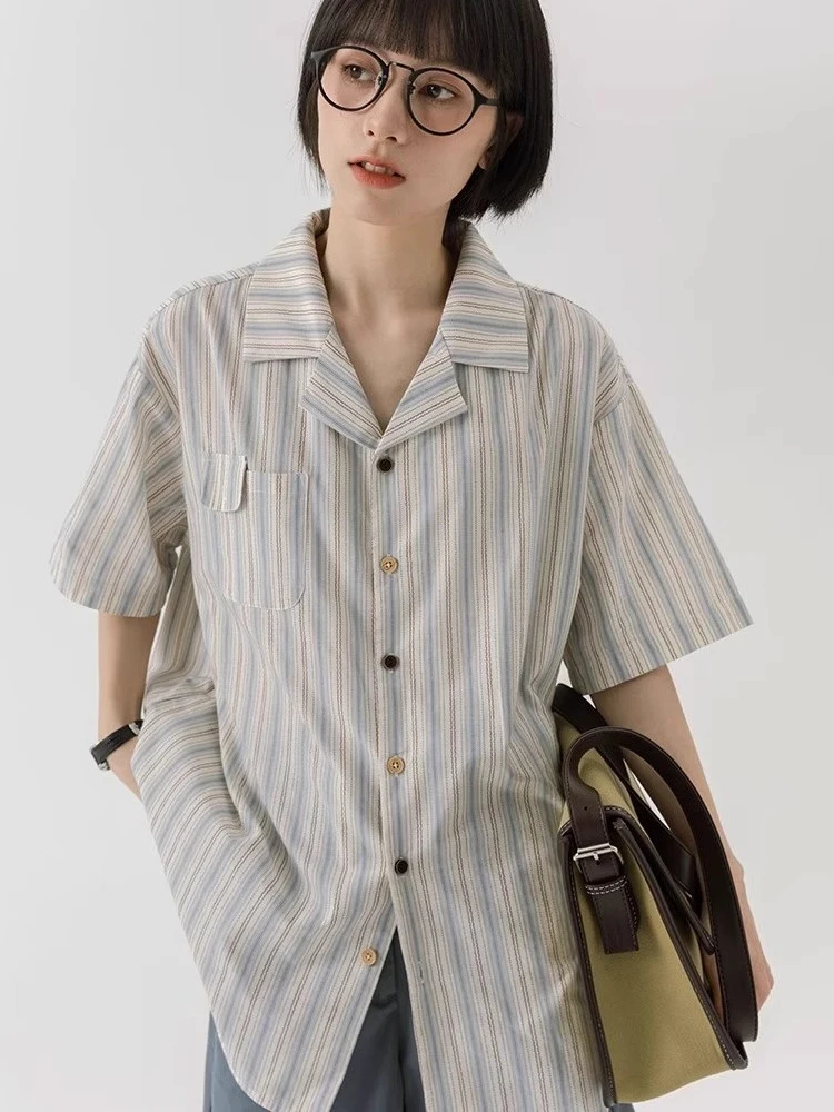 

Zoki women japan striped shirts vintage loose preppy style short sleeve sweet blouse summer casual retro female cute tops new