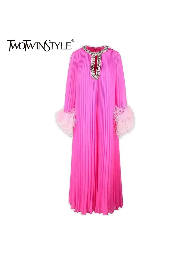 

TWOTWINSTYLE Colorblock Hollow Out Patchwork Diamonds Dresses For Women O Neck Long Sleeve Spliced Feather Loose Dress Female