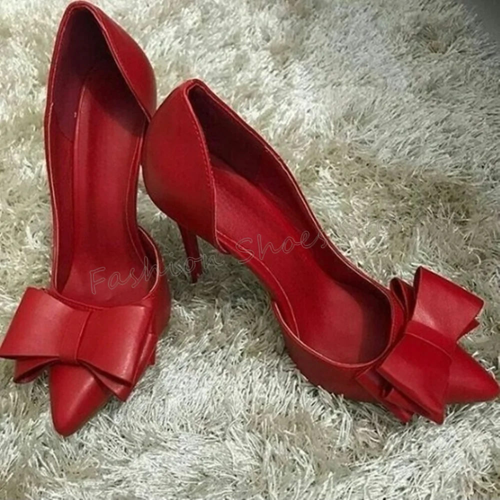 빨간색 지적 발가락 활 매듭 장식 펌프 매트 가죽 얇은 하이힐 여성용 하이힐 신발 2025 New Zapatos Para Mujere