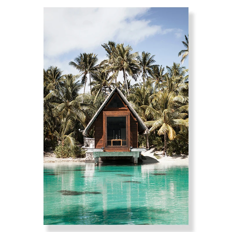 2026 Tropical Beach Ocean Palm Tree Banana Leaves Canvas Poster Holiday Chalet Stairs Print  Summer Seascape House Painting
