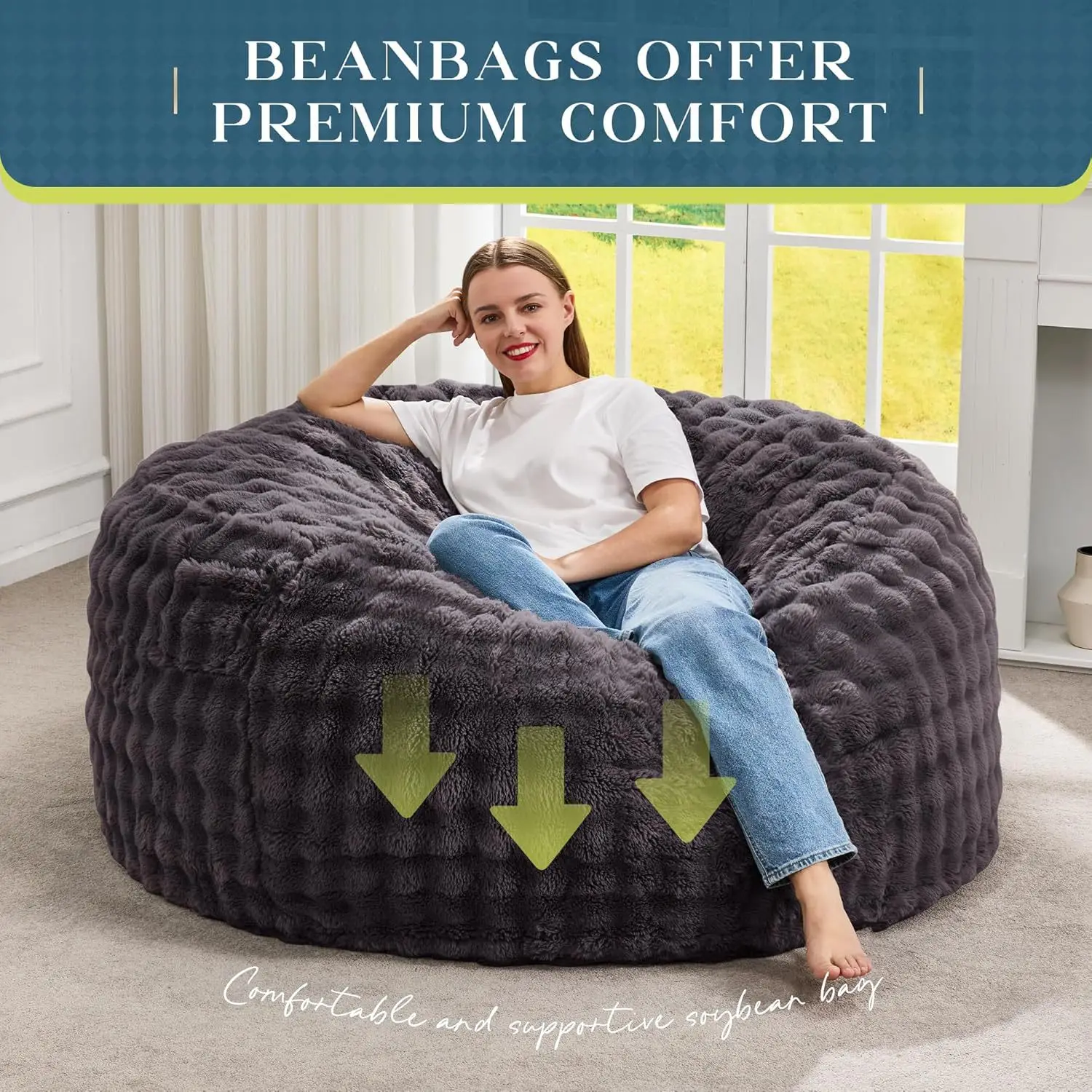Vacuum-Compressed Lazy Sofa with Memory Foam&Bean Filling,Floor Seating for Living Room,Bean Bag Chair, Comfortable Lounge Chair