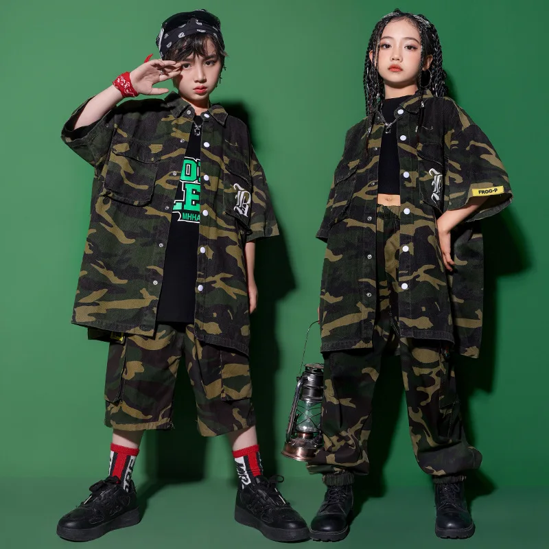 キッズヒップホップ服アーミーグリーンスーツ女の子男の子用ジャズダンス衣装日本のストリートダンスパフォーマンス衣装セット