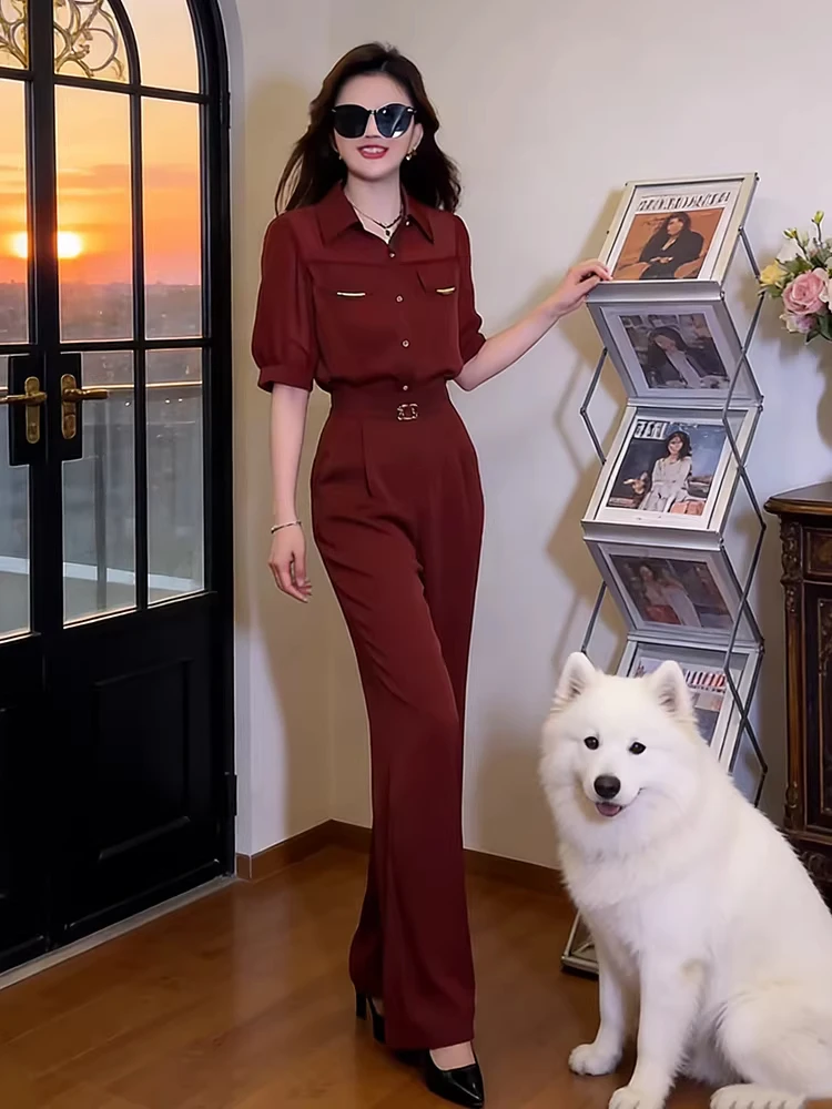 

Ele Wine Red Turn-down Collar ort Sve Wide Leg Pants Women's Summer Slimming Commute One-piece Casual Faion Set