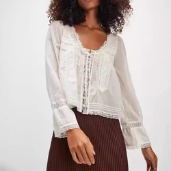 Cotton Lace Blouses Shirts For Women Vintage Free Style Blouse Flare Long Sleeve Boho Beach Hippie Lightweight Ladies top Summer