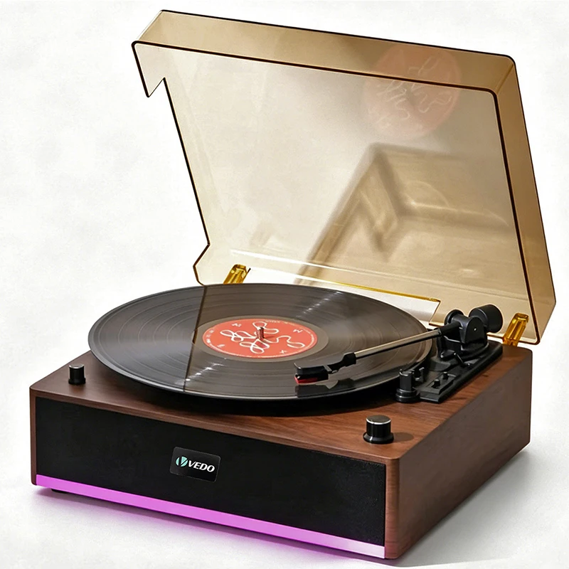 Toca-discos de vinil com alto-falante, toca-discos retrô, toca-discos com transmissão por correia, compatível com fones de ouvido.