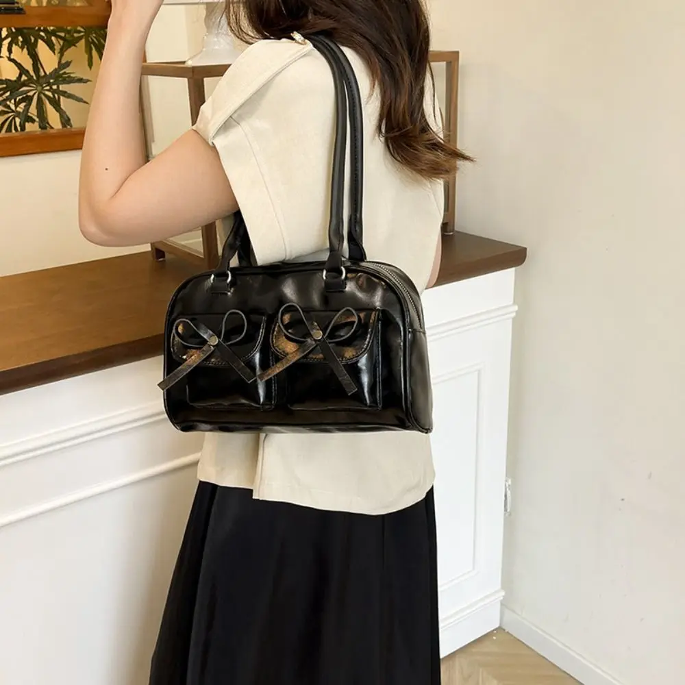 

Vintage French Style Bow Ribbons Bowling Bag Large Capacity Elegant Boston Shoulder Bag PU Leather Casual Women Handbags Girls