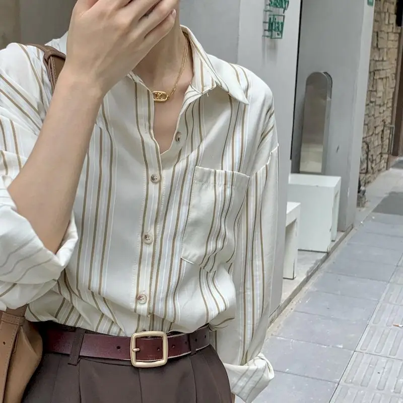 Korean Fashion Brown Striped Women Blouses and Shirts for Women 2023 New Vintage Long Sleeve Casual Tops Women Camisas De Mujer