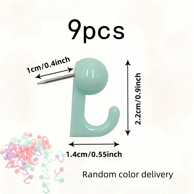 Pack of 9 Push Pin Hooks, Random Color, Easy to Install, for Corkboards and Bulletin Boards, Durable and Practical