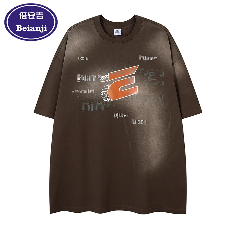 

BEIANJI new men short-sleeved pure cotton washed tops men's American retro spray horse Liu letter tide brand printing T-shirt