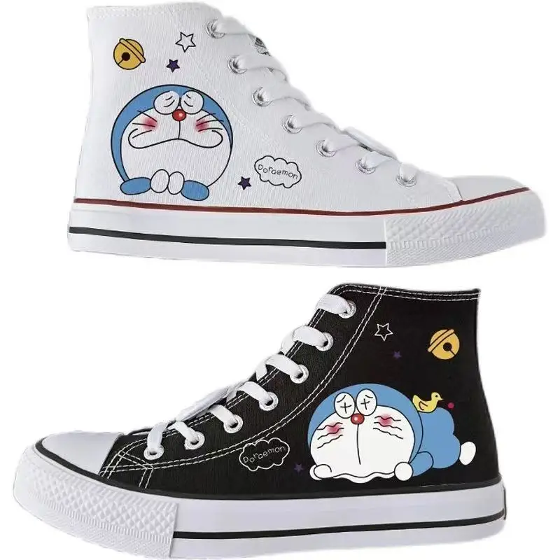 Doraemon real pictures high top man's plus size white 2025 new Canvas shoes Casual drop shipping black women's skate shoes