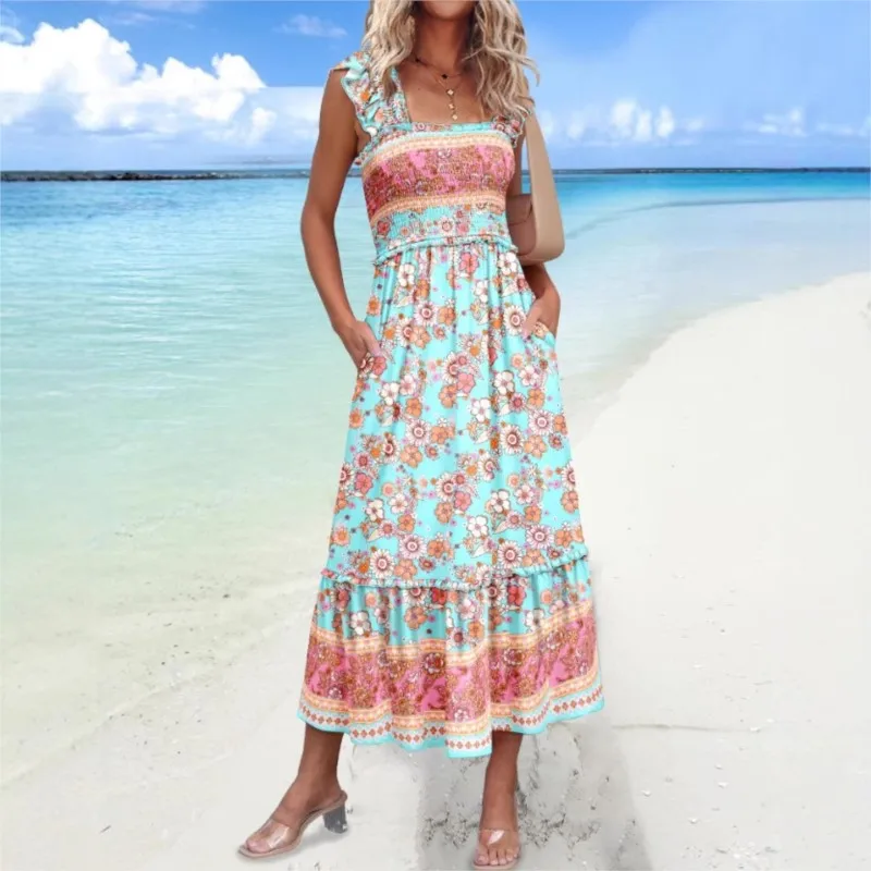 

Women Casual Floral Print Spaghetti Strap Long Dress Fashion Square Neck A Line Sleeveless Backless Summer Holiday Beach Dresses