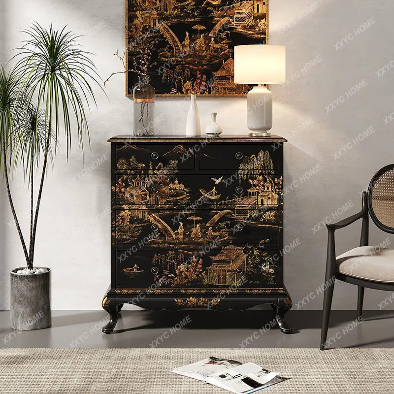 Retro solid wood chest of drawers Bedroom decorative storage high cabinet Ming and Qing classical painted art drawer cabinet