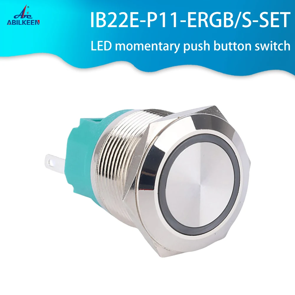 

22mm Momentary Latching 5V DC RGB Led Lighted Ring Illuminated Stainless Steel Push Button Switch With symbol and Harness