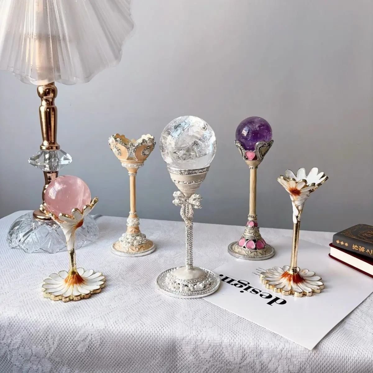 Enamel Goblet Crystal Ball Base Light Luxury Creative Decor Tray Bracket Metal Feng Shui Ball Bracket Ornament Home Decoration
