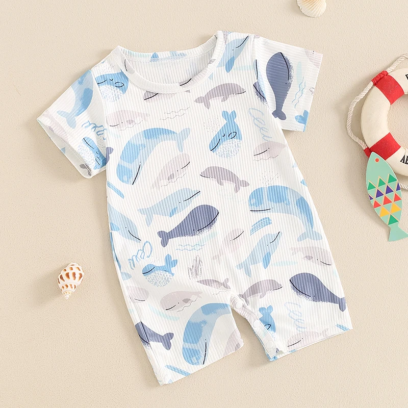 Newborn Baby Girl Boy Summer Clothes Short Sleeve Whale Print Jumpsuit Waffle Bubble Romper Cute Unisex Outfit