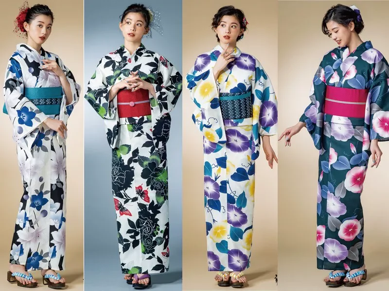 Japanese Cotton Yukata Kimono with Classical Morning Glory and Butterfly Floral Patterns