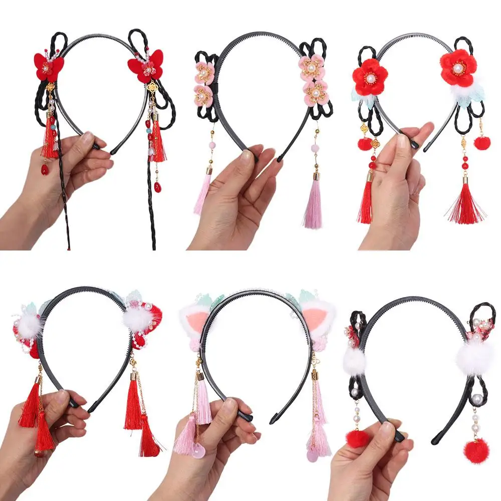 Traditional Chinese Style Hanfu Wig Headband Red Pearl Flower Tassel Headband Ancient Cute New Year Headwear Children