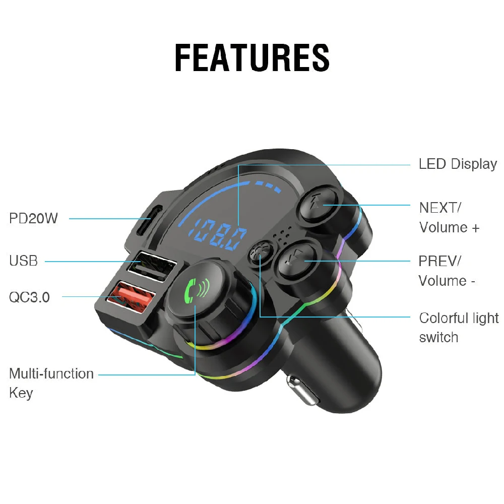 1PCS Bluetooth FM Transmitter Car Adapter, Dual-Port Fast Charger for Car, Hands-Free Calling & Music Player for Drivers