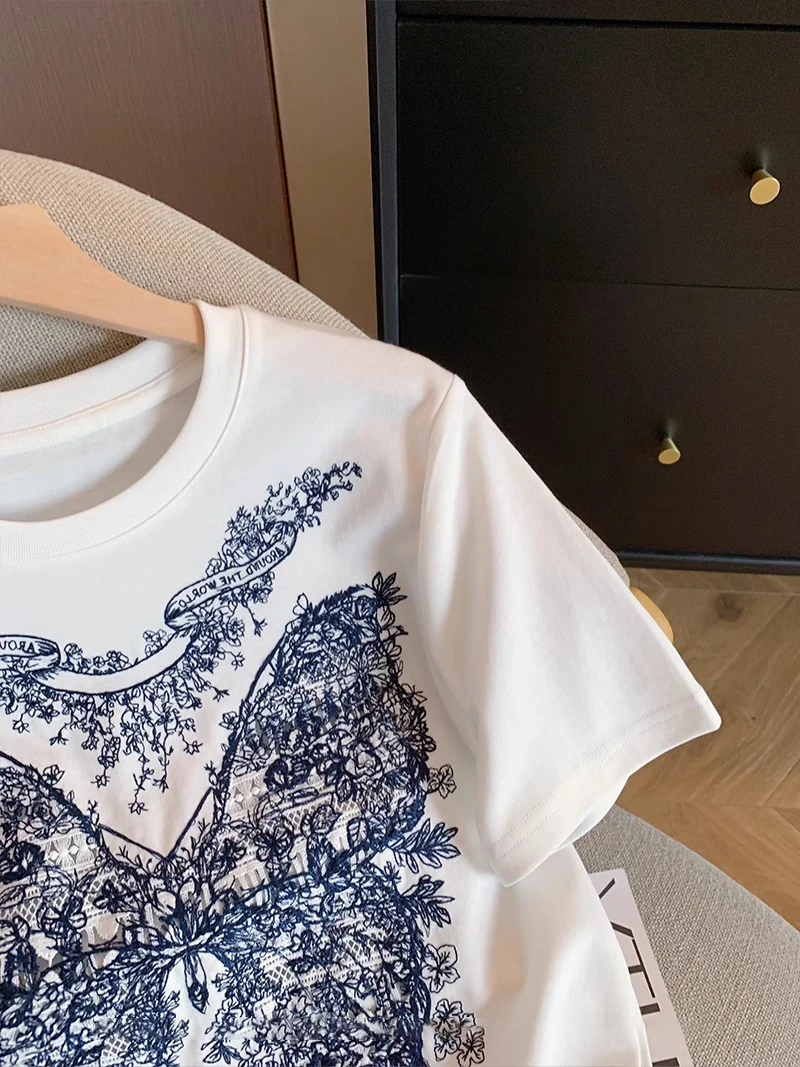 

American Retro Intarsia ort Sve T-irt Men's Women's Summer Casual Loose Top Design Sensation Visceral Spirit