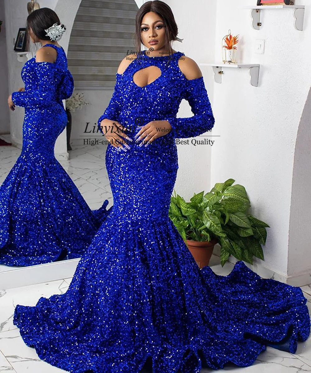 เซ็กซี่ Sequins Mermaid Prom ชุดเดรสแขนยาวอย่างเป็นทางการ Royal Blue Evening Gowns Off Shoulder Court รถไฟ Robe De Soiree