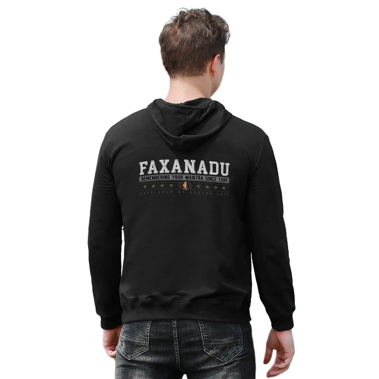 Faxanadu - عتيق - هوديي أسود على الطراز الياباني للرجال طقم قميص رياضي ملابس للرجال ملابس رجالي تي شيرت بقلنسوة جديد