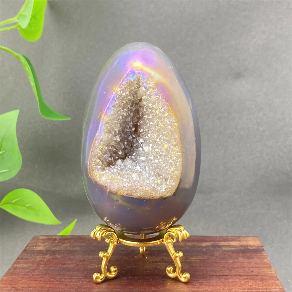 

Natural Electroplated Agate Crystal Egg, Crystal Cluster Gemstone Specimen, Healing Energy, Home Decoration + Stand