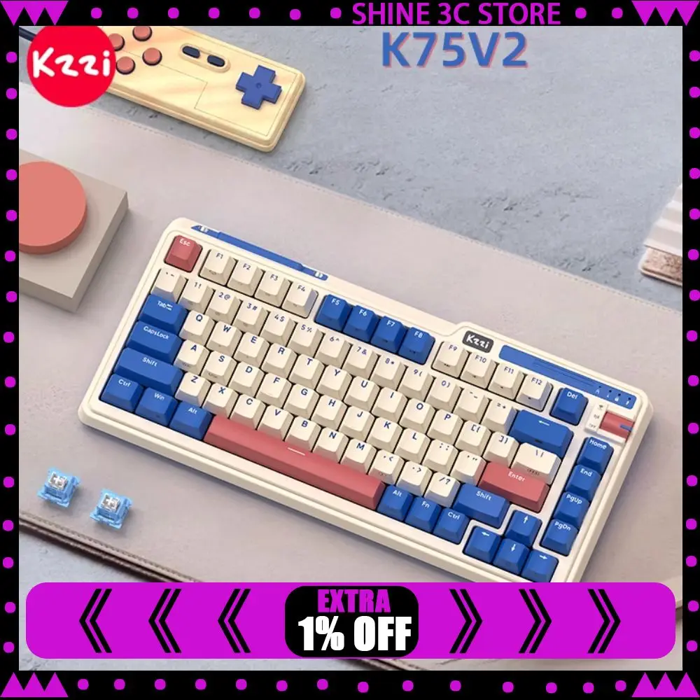 

KZZI K75 V2 Классическая клавиатура Беспроводная трехрежимная механическая клавиатура Классическая киберспортивная RGB 8000 мАч Горячая замена ПК Лаптопская клавиатура